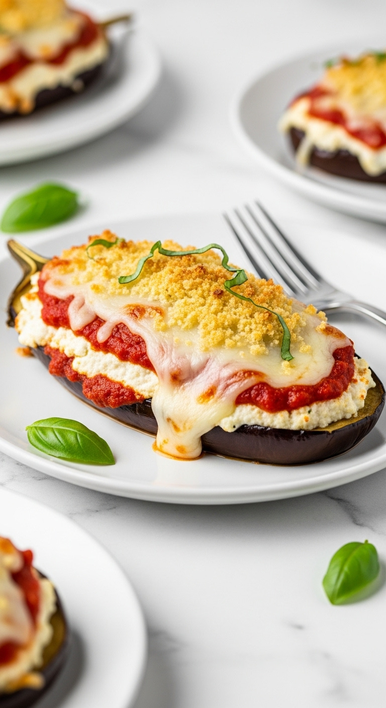 Lighter Stuffed Eggplant Parmesan Boat On White Plate With Ricotta Marinara Golden Mozzarella Panko Crust On White Marble With Fork And Basil Leaves