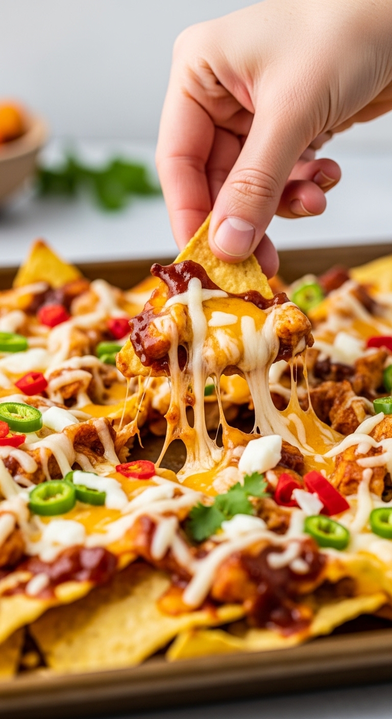 Loaded Bbq Chicken Nachos With Cheese Pull Toppings Of Red Green And White On Sheet Pan