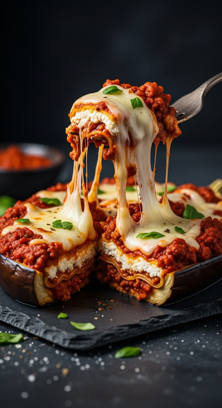Low Carb Lasagna Stuffed Eggplant With Meat Sauce Ricotta And Mozzarella Cheese Pull On Dark Slate Board With Rustic Fork