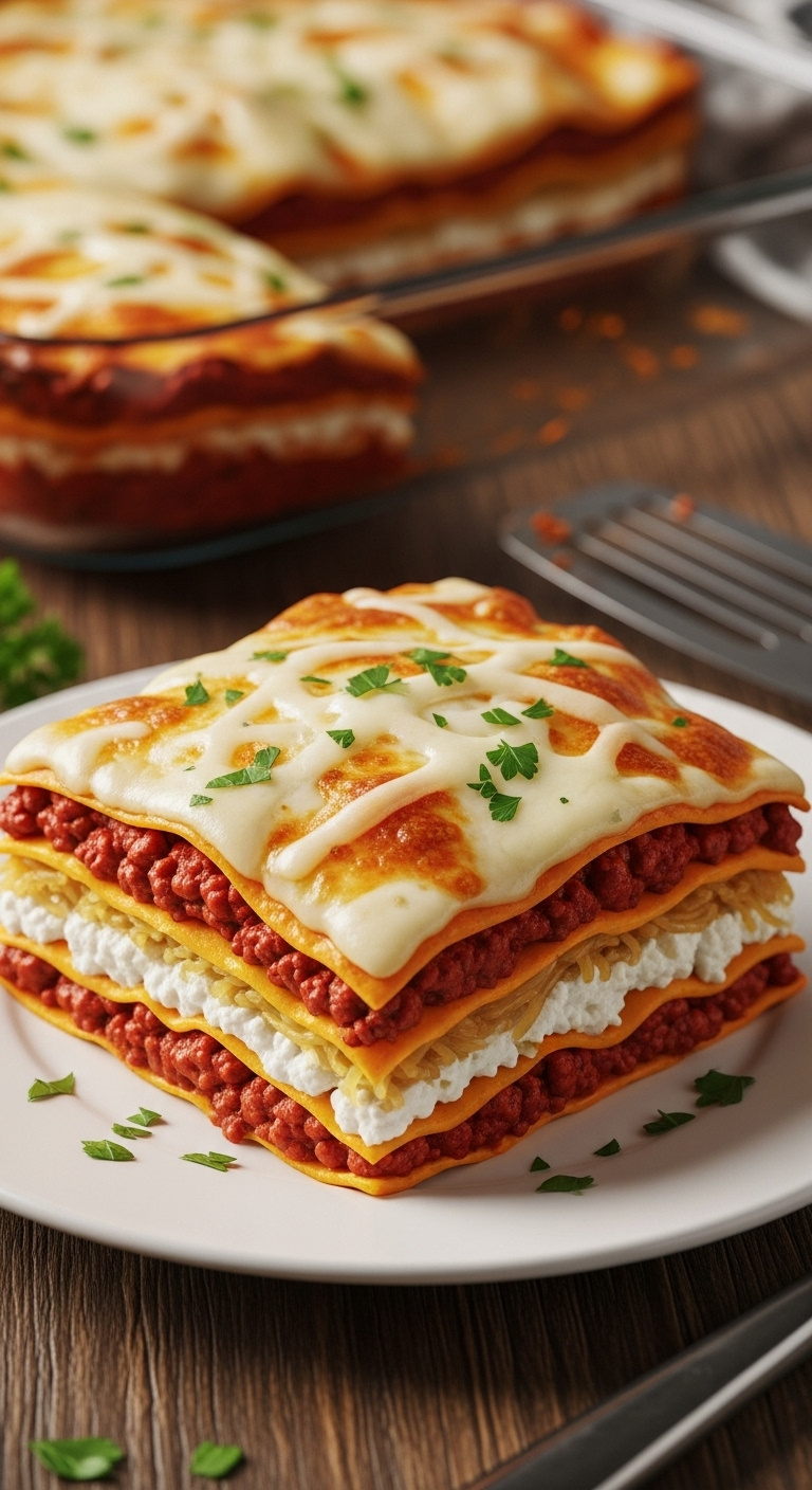 Low Carb Spaghetti Squash Lasagna Slice On White Plate Layers Of Squash Ricotta Meat Sauce And Golden Mozzarella On Rustic Wood With Parsley