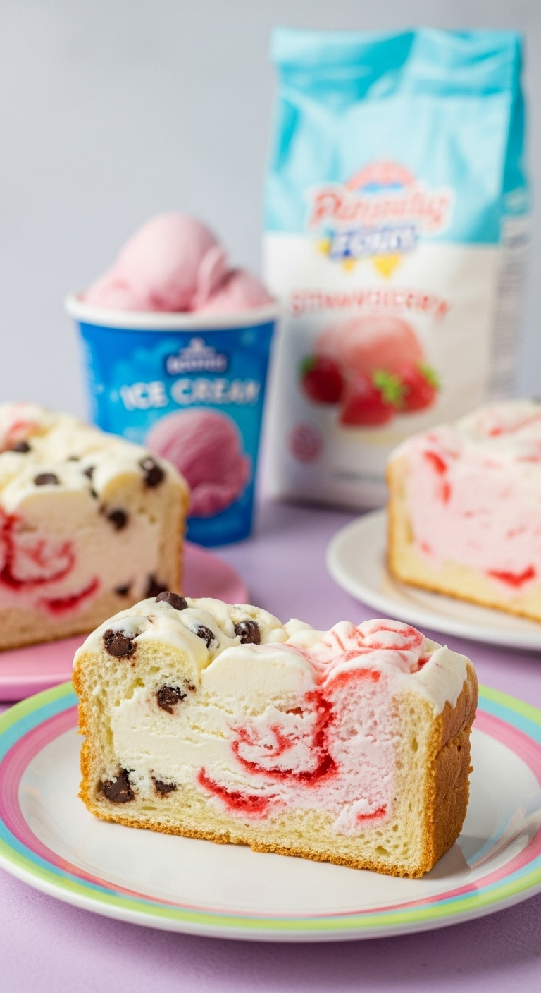 Magical-2-Ingredient-Ice-Cream-Bread-Slice-Colorful-Plate-Chocolate-Chips-Strawberry-Swirl
