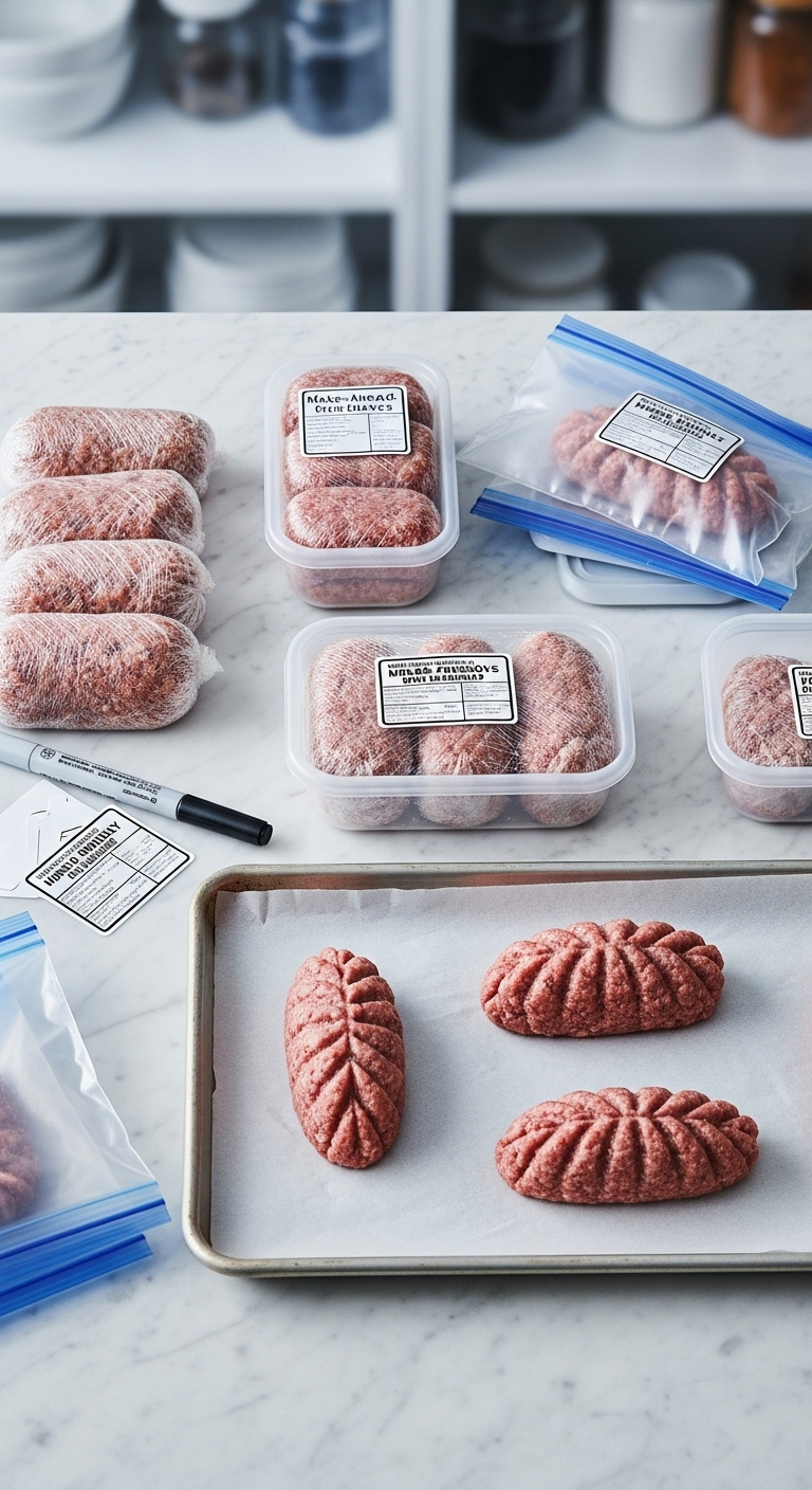 Make Ahead Freezer Friendly Mini Meatloaves Individually Wrapped In Plastic And Stored In Containers On Marble Countertop With Labels