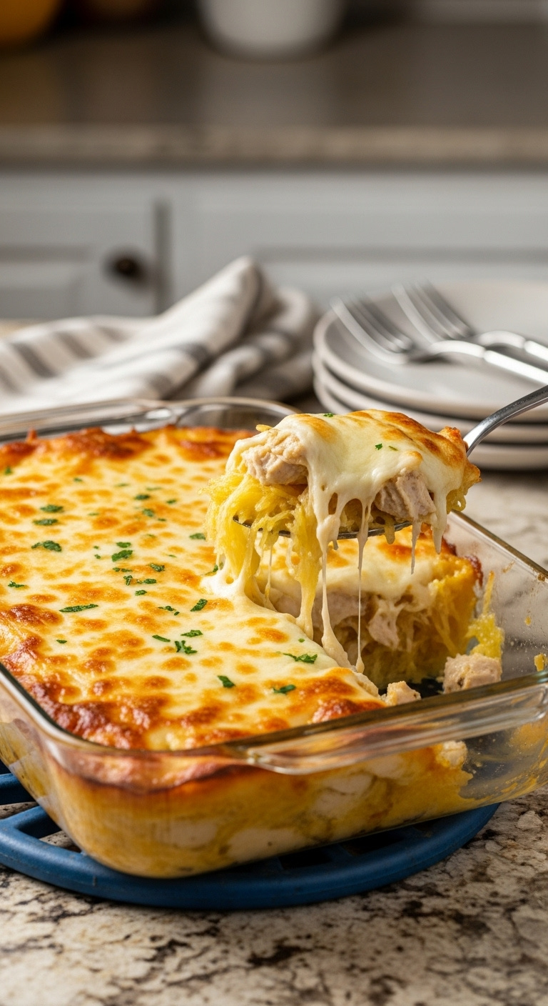 Make Ahead Spaghetti Squash Chicken Casserole In Glass Baking Dish Topped With Golden Bubbly Mozzarella With A Scoop Out On Granite Countertop