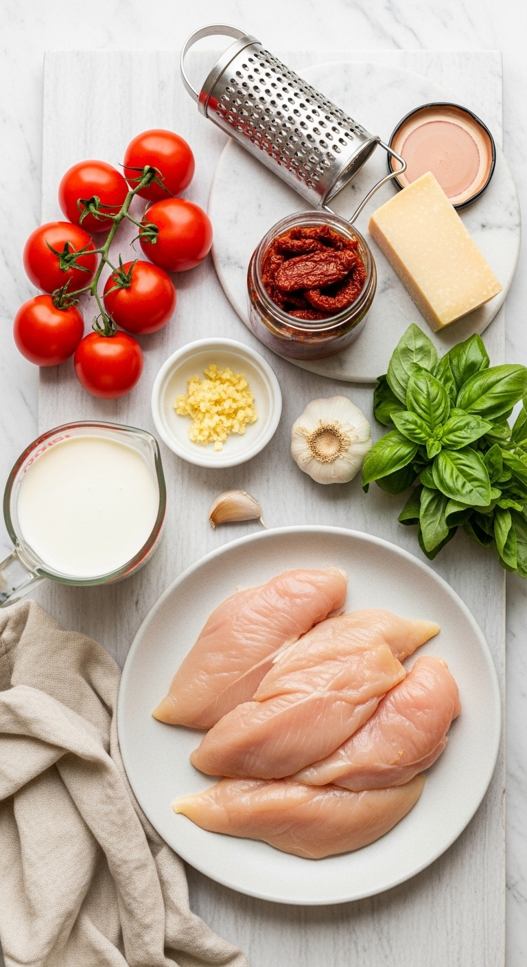 Marry-Me-Chicken-Ingredients-Flat-Lay-Tomatoes-Parmesan-Cream-Basil
