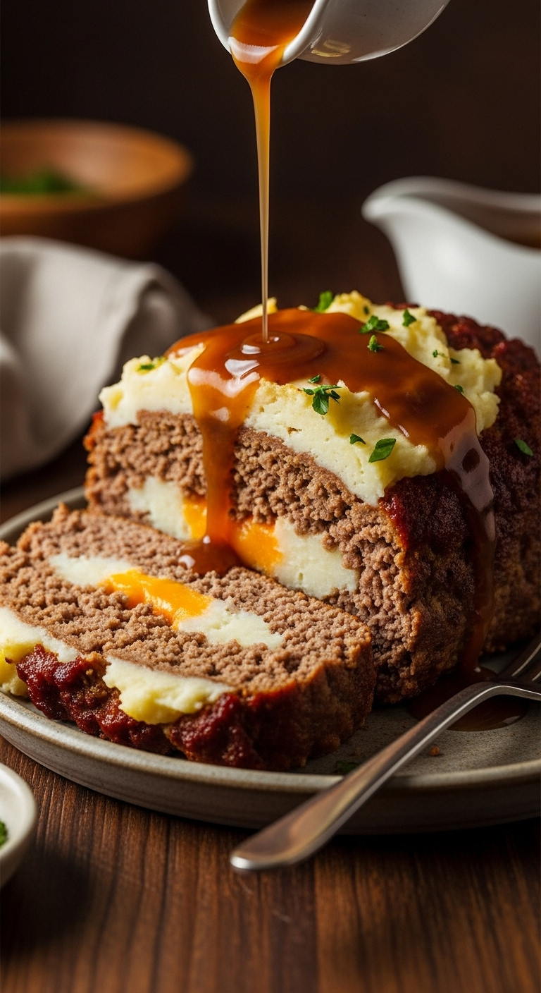 Mashed Potato Stuffed Meatloaf Slice With Melted Cheddar And Brown Gravy On Rustic Plate With Fork And Gravy Boat