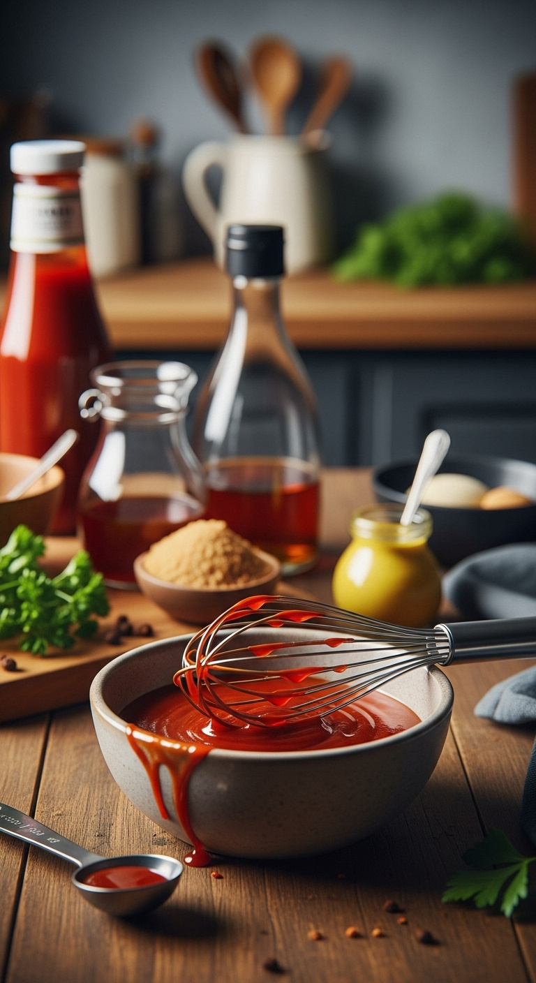 Meatloaf Glaze In Rustic Ceramic Bowl With Whisk Drips On Wood Table With Ketchup Brown Sugar Vinegar Mustard And Parsley Background