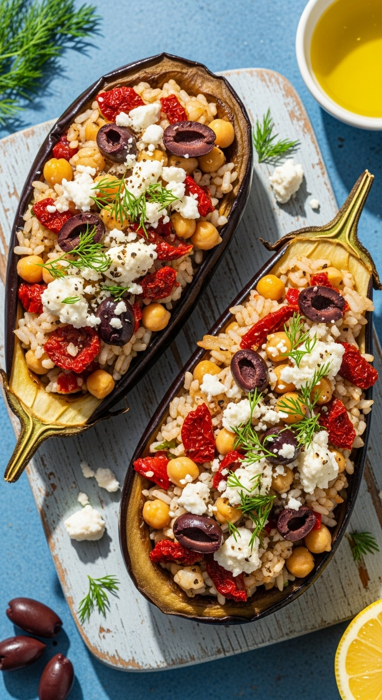 Mediterranean Chickpea Rice Stuffed Eggplant With Sun Dried Tomatoes Kalamata Olives Crumbled Feta And Dill On Light Blue Wooden Board With Lemon