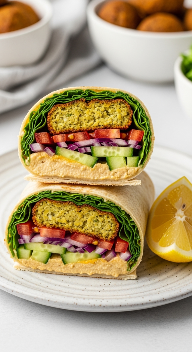 Mediterranean-Falafel-Wrap-Hummus-Falafel-Cucumber-Tomato-Lemon-Ceramic-Plate