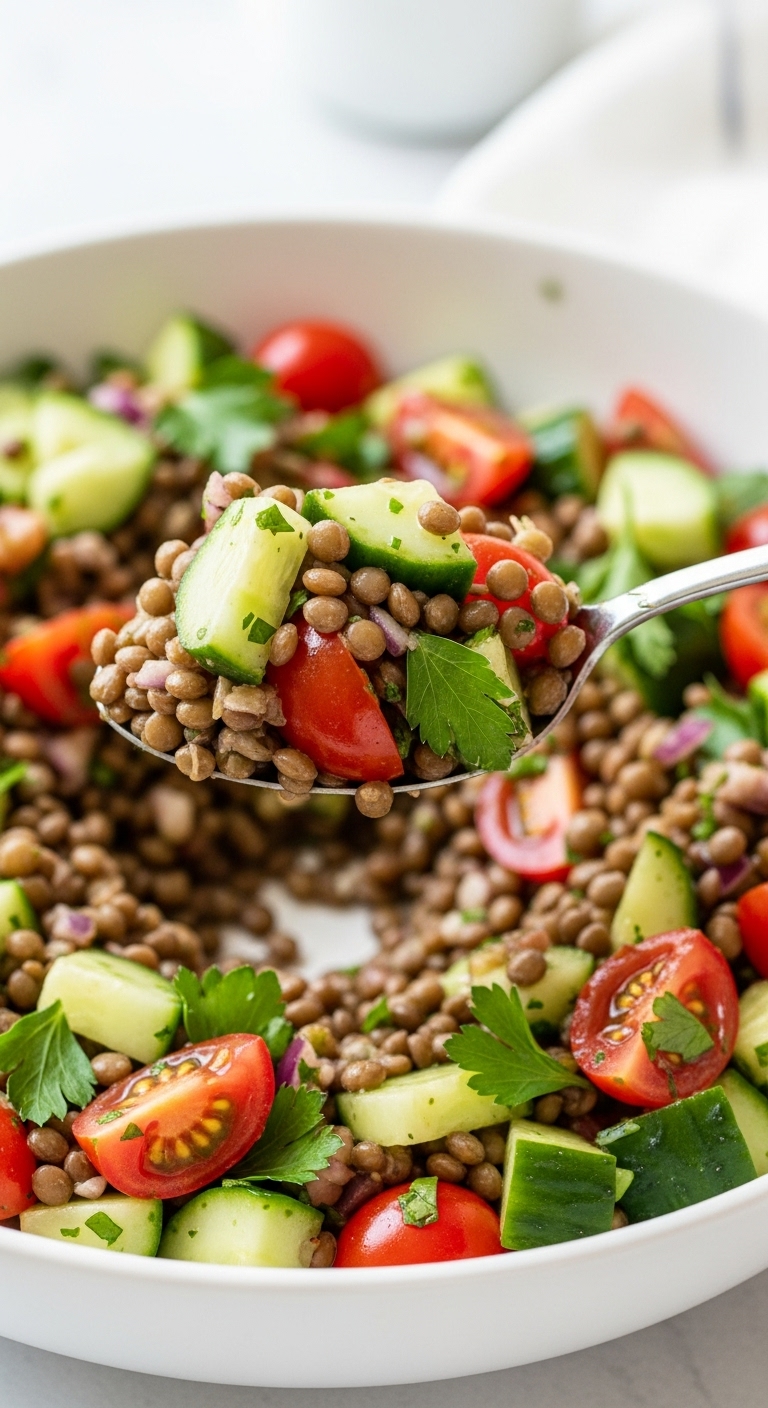Mediterranean-Lentil-Salad-Spoonful-Cucumber-Tomatoes-Parsley-Earthy-Bowl-Bright-Daylight