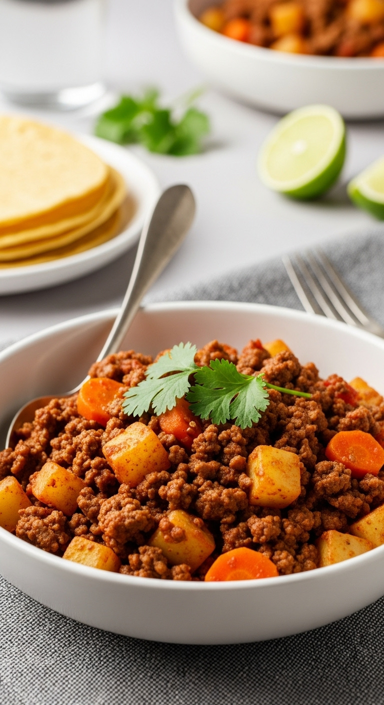 Mexican-Picadillo-With-Potatoes-Carrots-And-Cilantro-In-Bowl-With-Corn-Tortillas