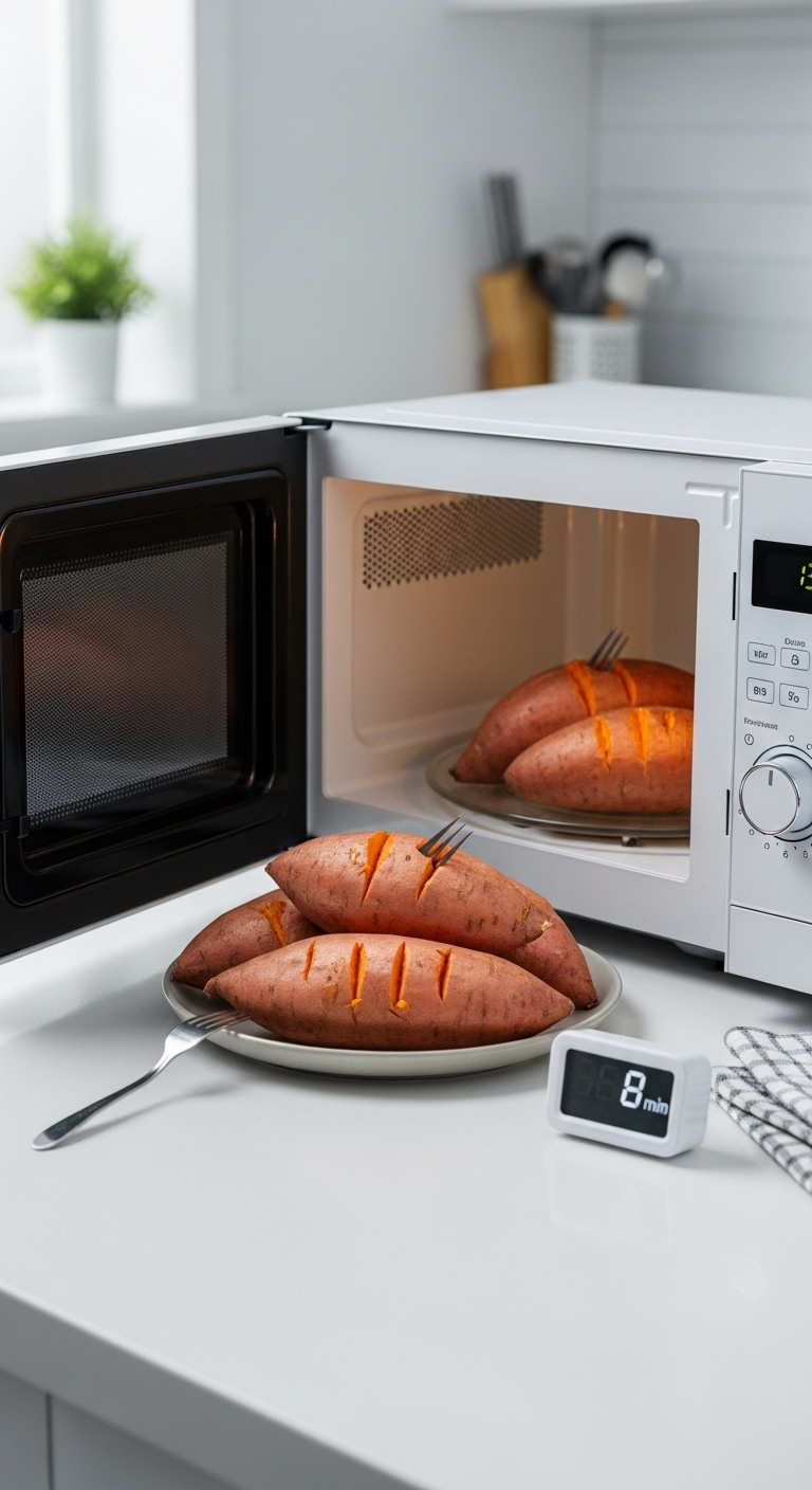 Microwaved Sweet Potatoes Fork Punctures Microwave Safe Plate Modern Kitchen Timer Dishtowel Clean White Countertop Vertical
