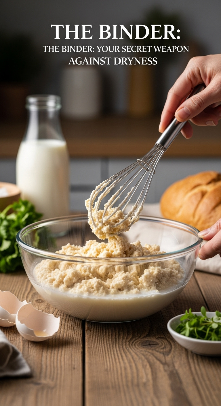 Milk-Soaked-Fresh-Breadcrumbs-Panade-Glass-Bowl-Whisk-Eggshell-Herbs-Rustic-Table