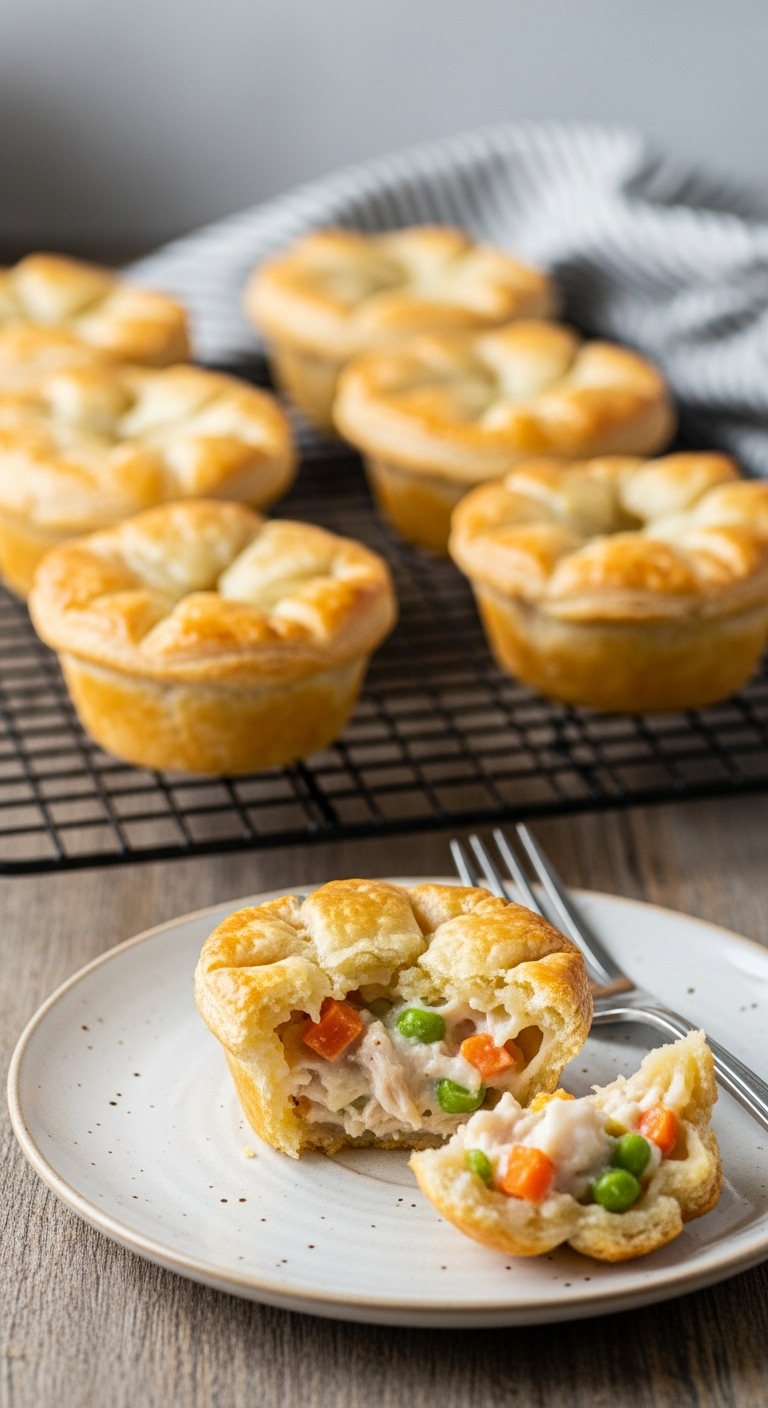 Mini Chicken Pot Pies On Wire Rack With Golden Flaky Crust And Creamy Filling With Bite Taken Out