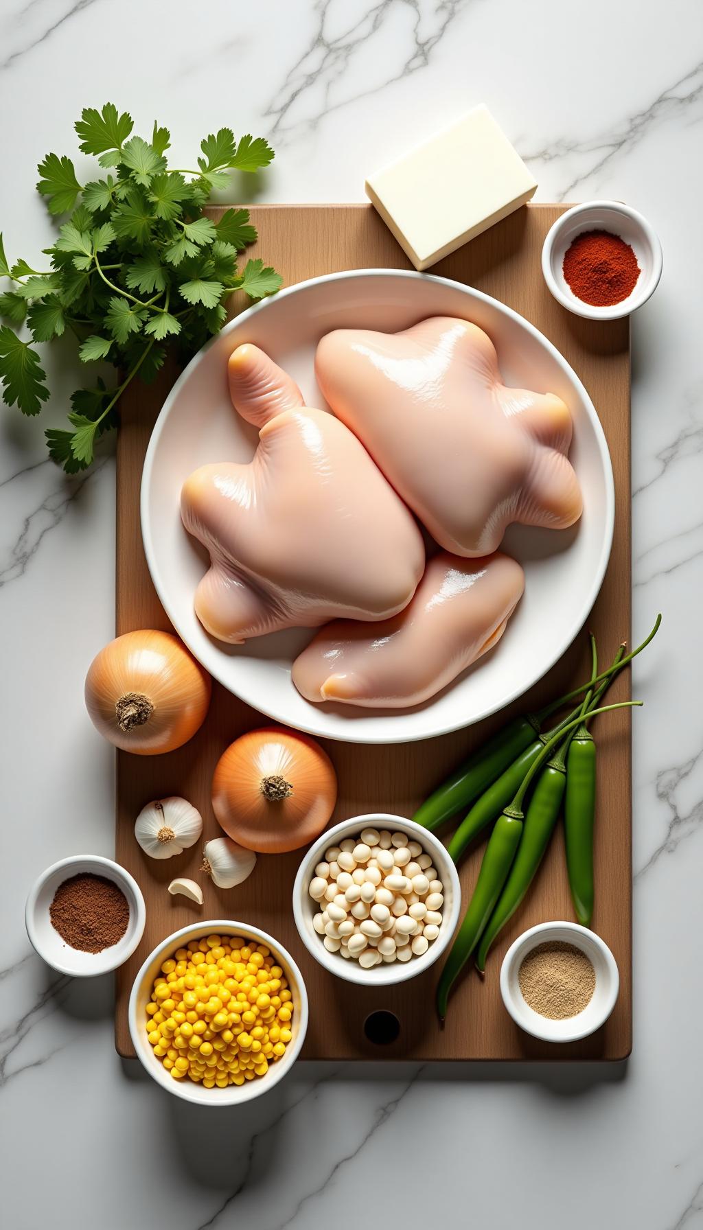 Mise En Place Of Ingredients For White Chicken Chili With Chicken Beans Corn Chiles Cream Cheese Spices On Wooden Board