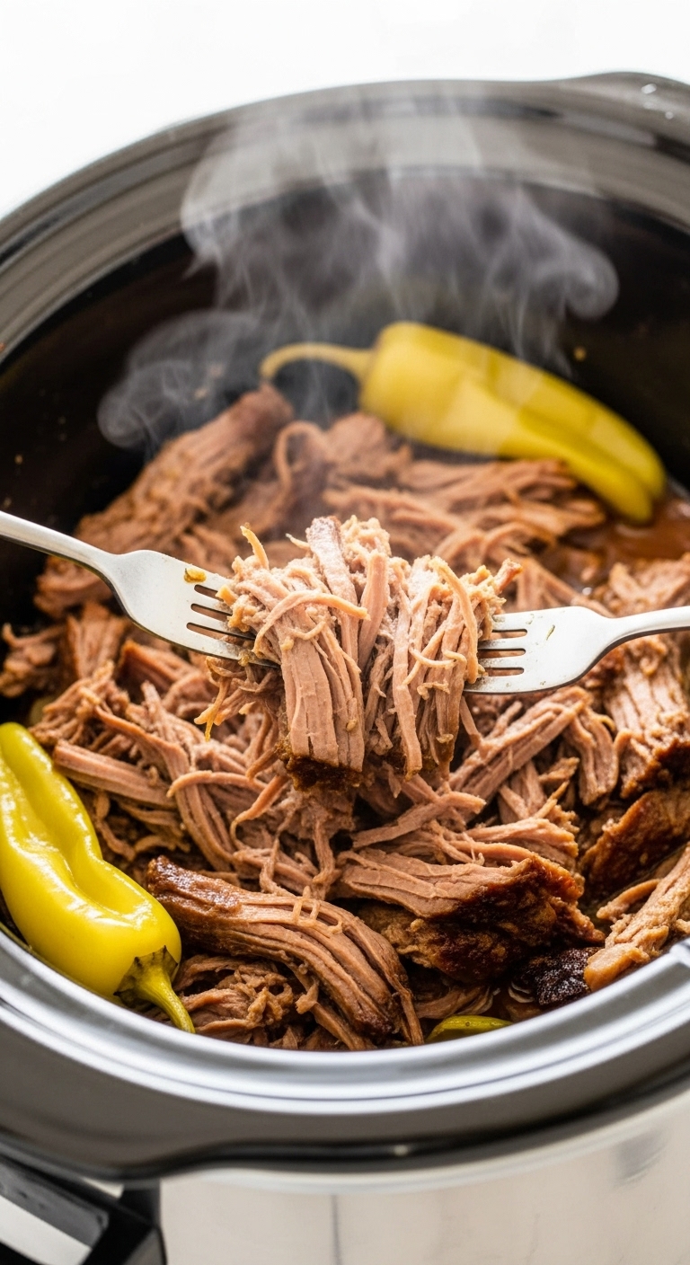 Mississippi Pot Roast Being Shredded With Forks In Slow Cooker With Whole Pepperoncini And Steam Rising In Clean Modern Setting