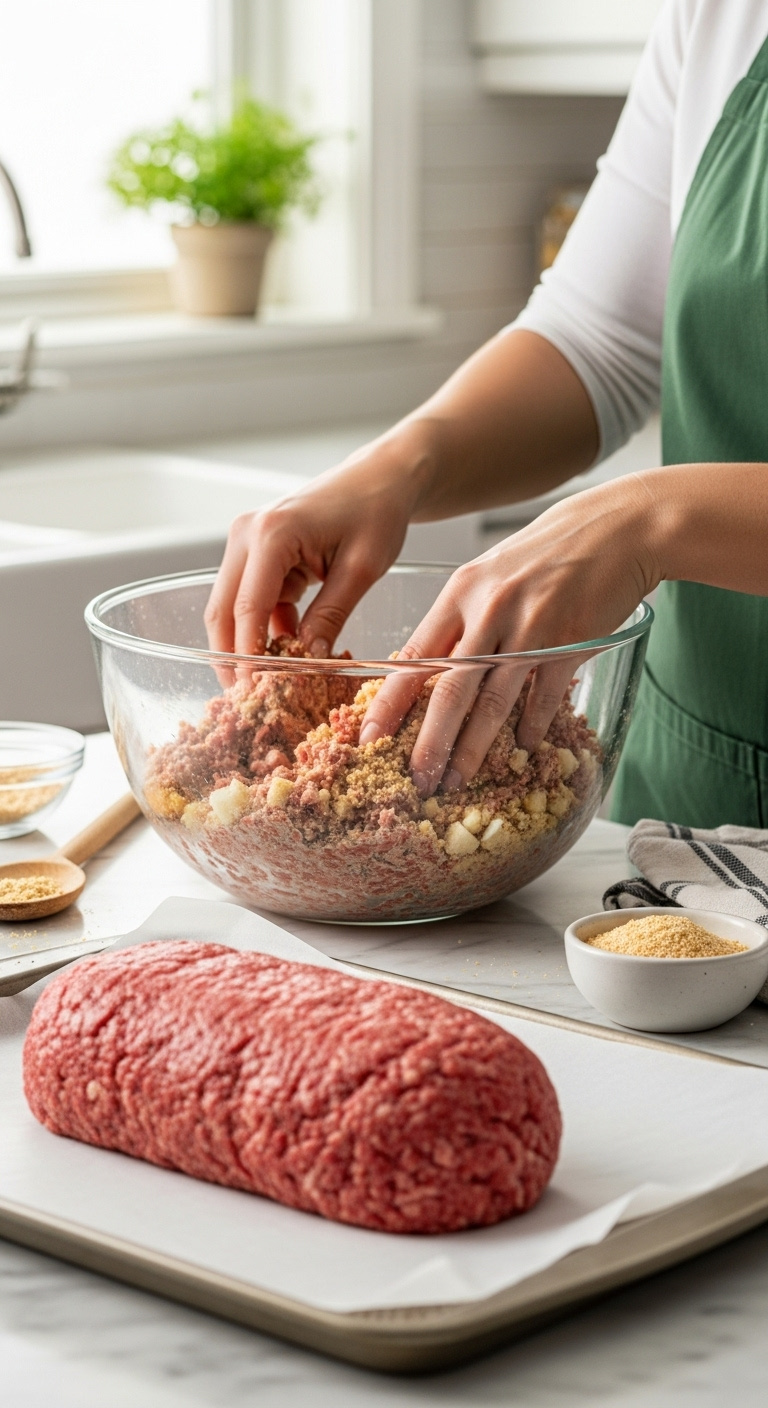 Mixing And Shaping Raw Meatloaf In Glass Bowl With Wooden Spoon On Marble Countertop With Shaped Loaf Ready For Oven And Extra Breadcrumbs