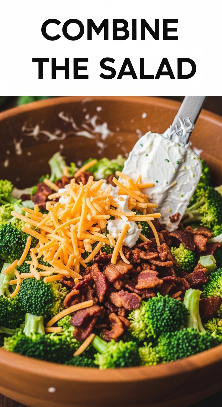 Mixing Creamy Dressing Into Broccoli Cheddar Bacon In Wooden Salad Bowl