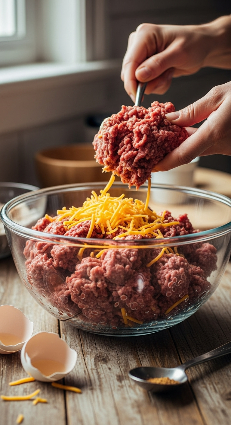 Mixing-Meatloaf-Ingredients-Glass-Bowl-Ground-Beef-Shredded-Cheese-Eggs-Measuring-Spoon-Countertop