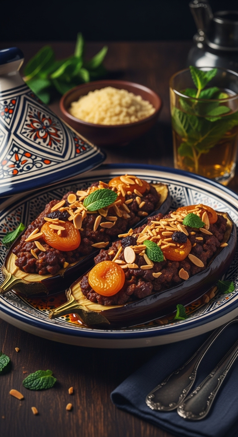 Moroccan Spiced Lamb Stuffed Eggplant With Dried Apricot Toasted Almonds And Fresh Mint In Tagine On Dark Wood With Couscous And Mint Tea