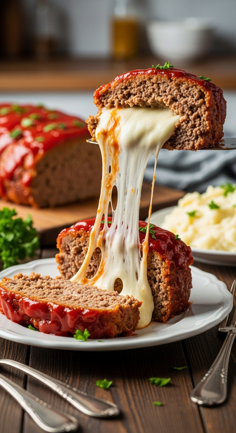 Mozzarella Stuffed Meatloaf Slice With Gooey Cheese Pull And Glazed Topping On Rustic Table With Mashed Potatoes And Parsley Garnish