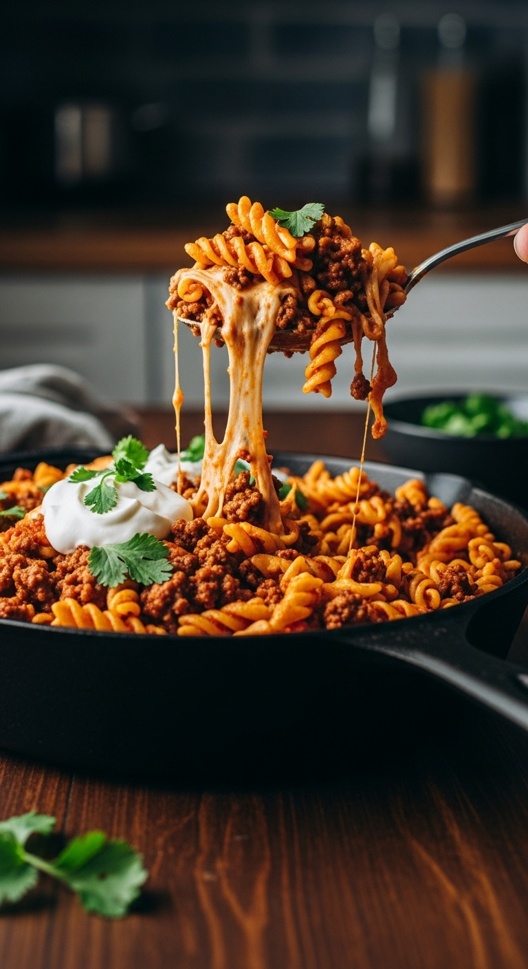 One-Pan-Cheesy-Taco-Pasta-Ground-Beef-Cheese-Pull-Skillet-Cilantro