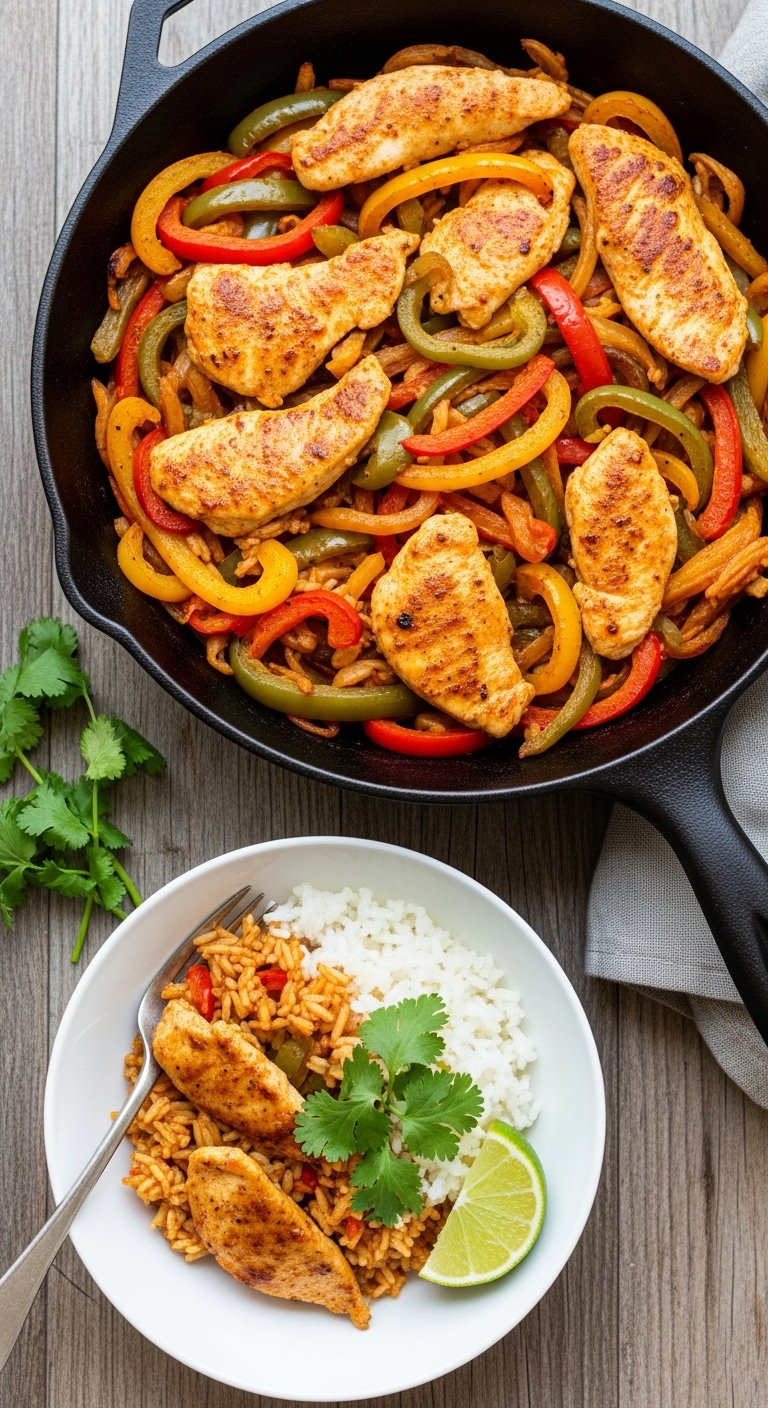 One-Pan-Fajita-Chicken-Rice-Bowl-Cast-Iron-Skillet-Cilantro-Lime