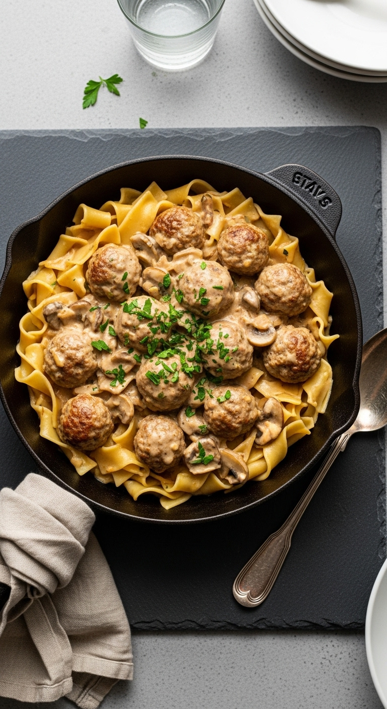 One-Pan-Meatball-Stroganoff-With-Egg-Noodles-Sour-Cream-Sauce-Mushrooms-And-Parsley