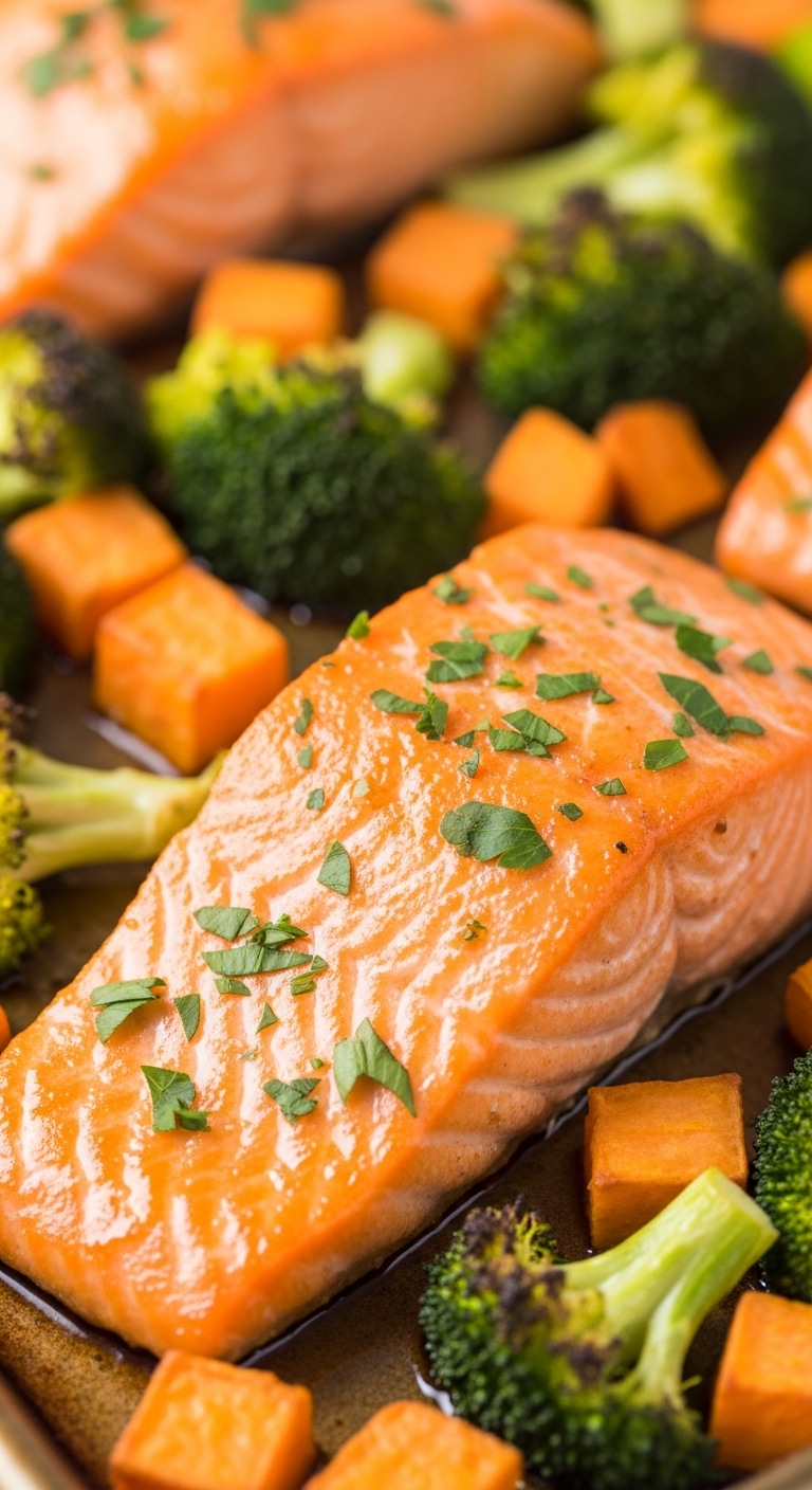 One-Pan-Orange-Salmon-Sweet-Potatoes-Broccoli-Parsley-Glazed-Fillet
