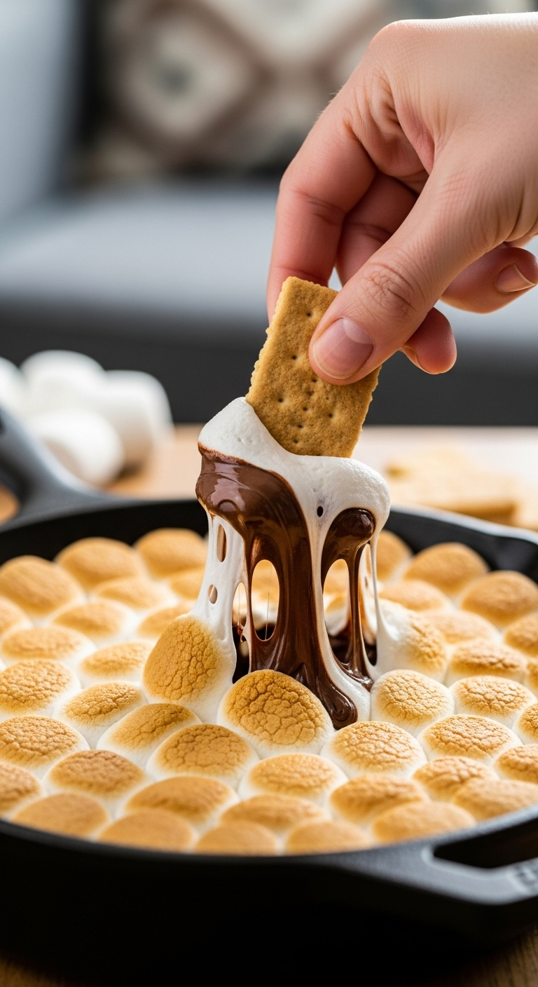 Ooey-Gooey-Indoor-Smores-Dip-Cast-Iron-Skillet-Marshmallows-Melted-Chocolate