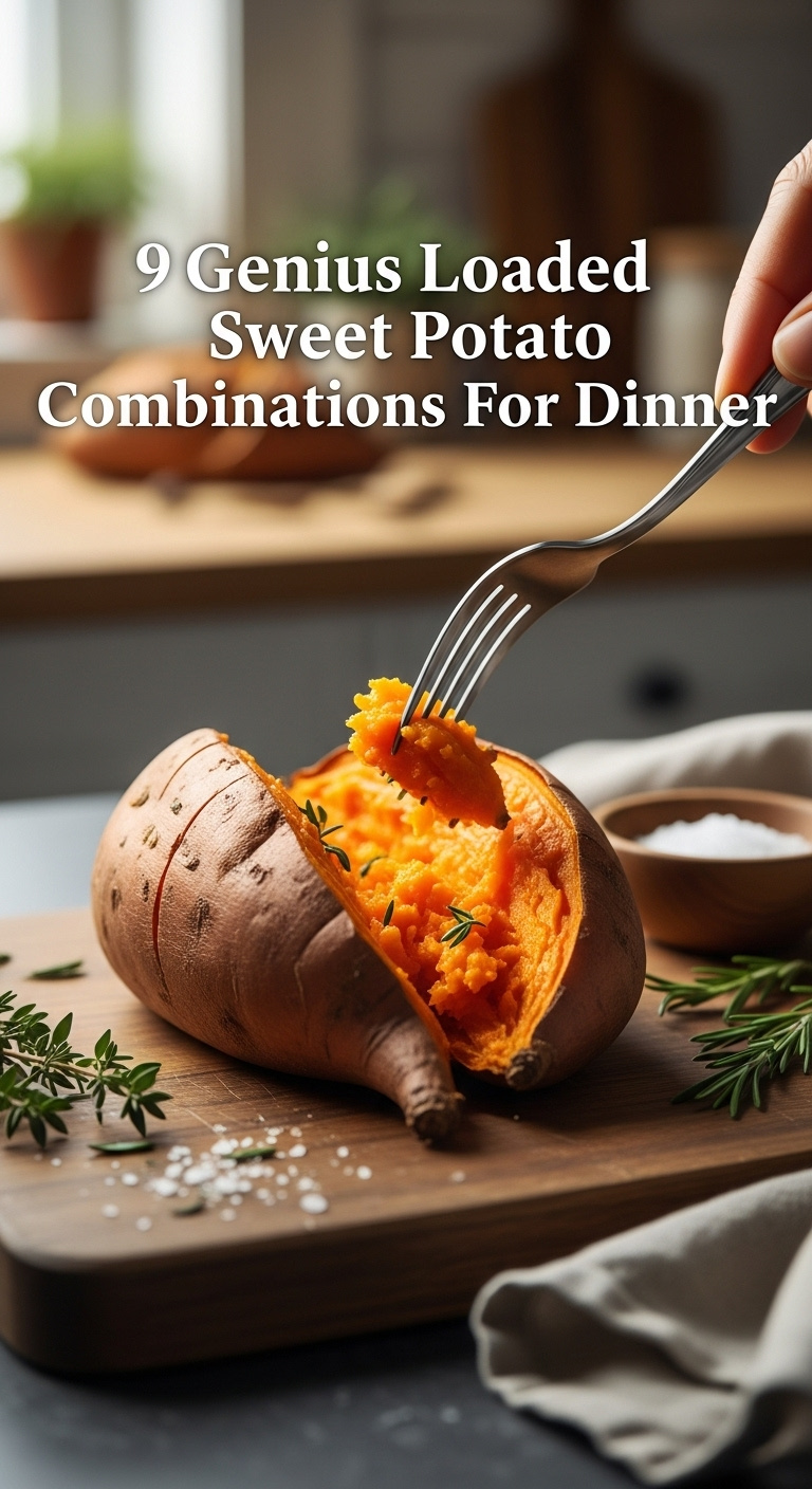 Oven Baked Sweet Potato Sliced Fluffy Tender Bright Orange Flesh Rustic Wood Cutting Board Rosemary Thyme Sea Salt Natural Light Vertical
