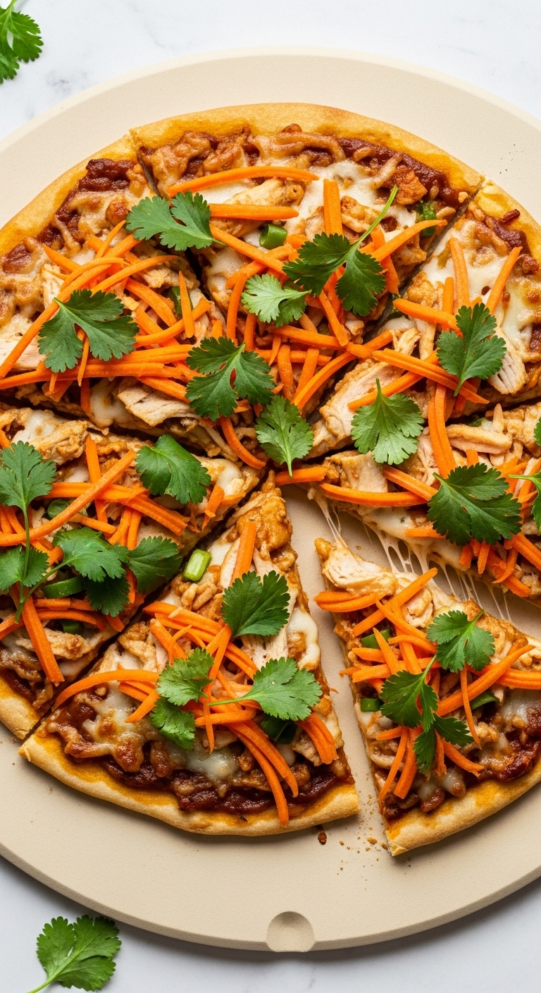Overhead Shot Of Thai Chicken Pizza With Peanut Sauce Shredded Carrots Chicken And Cilantro On Pizza Stone