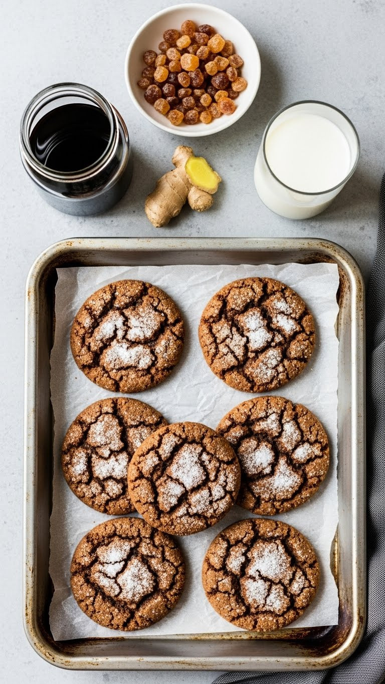 Overhead Shot Of Chewy Ginger Molasses Cookies On Baking Tray