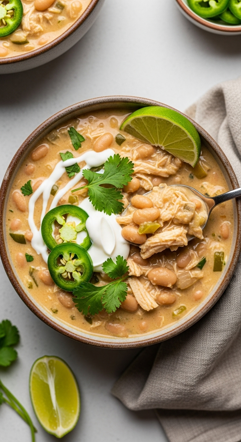 Overhead Shot Of Creamy White Chicken Chili In Rustic Bowl With Sour Cream Jalapeños Cilantro And Lime Wedge