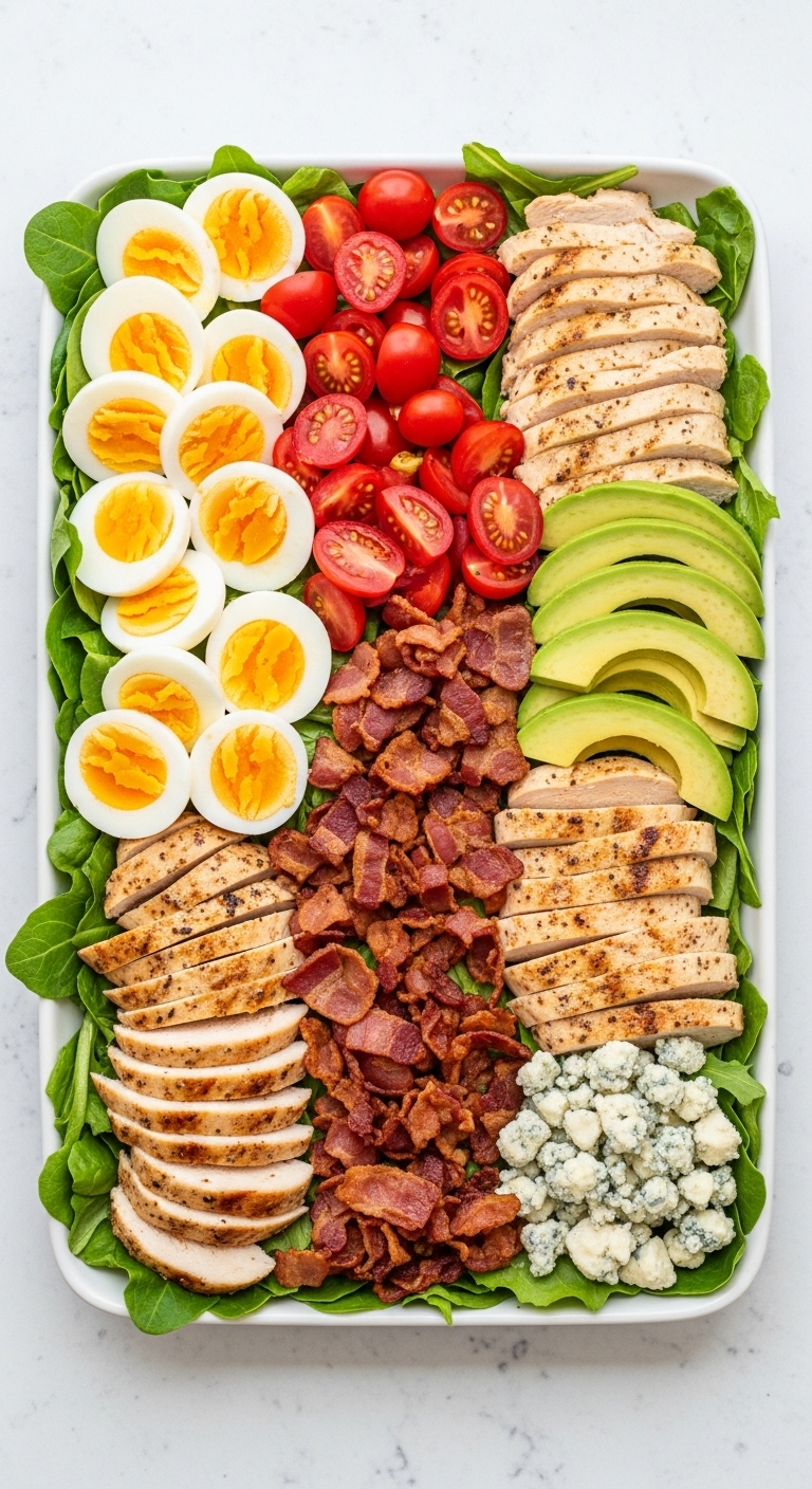 Overhead Shot Of Grilled Chicken Cobb Salad With Sliced Chicken Eggs Bacon Avocado Tomatoes And Blue Cheese On White Platter