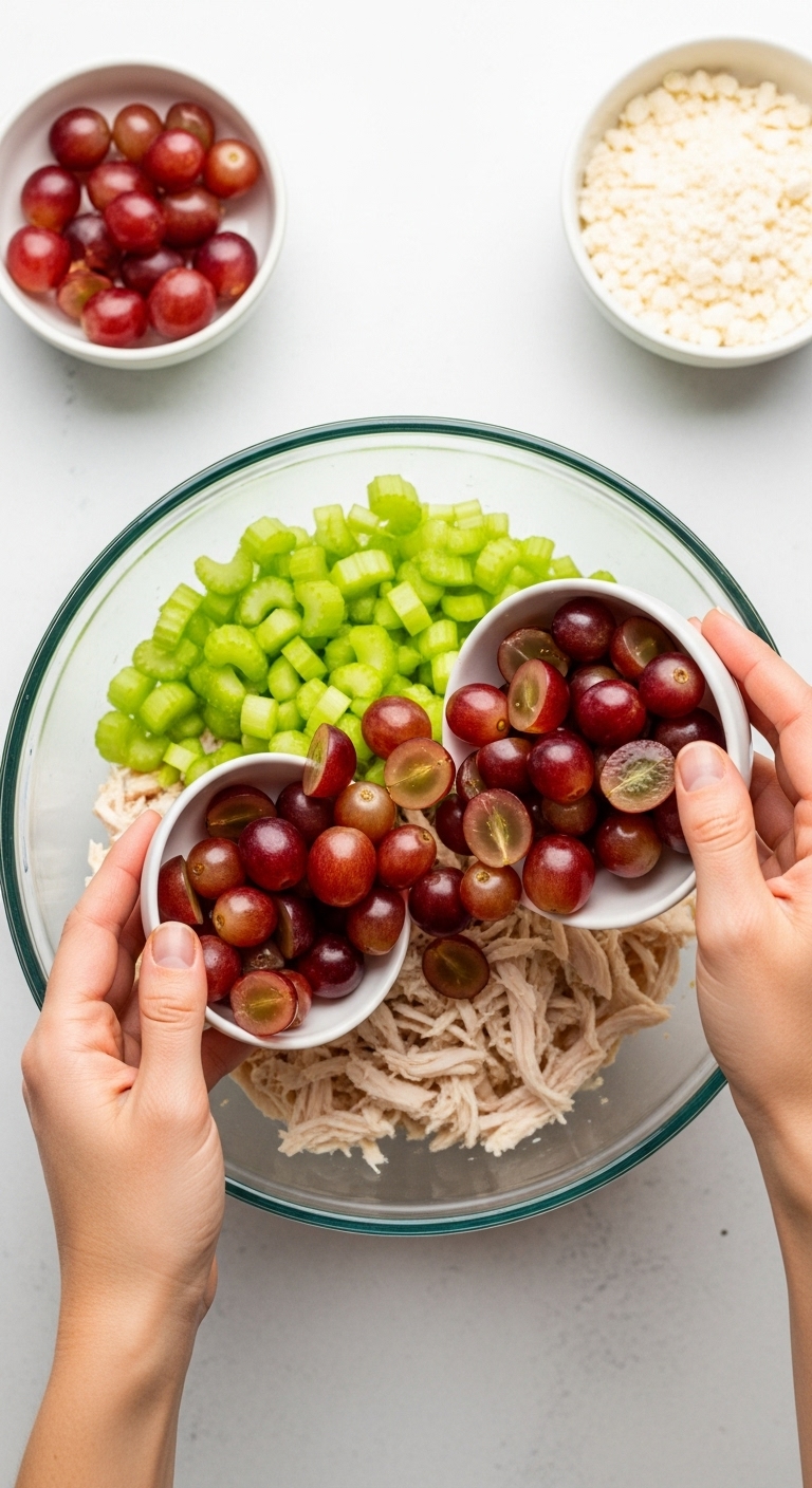 Overhead Shot Of Hands Adding Halved Red Grapes Into Glass Bowl With Shredded Chicken And Diced Celery