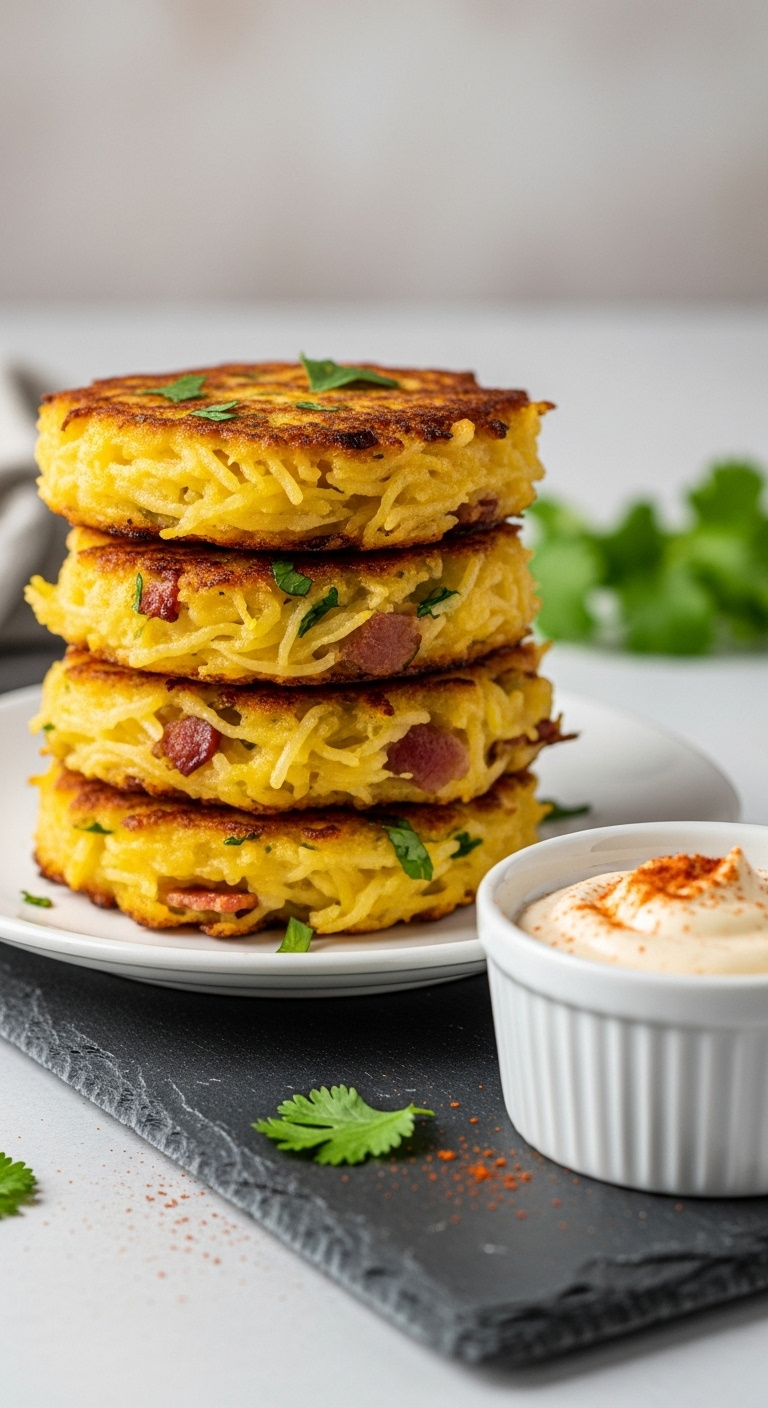 Paleo Spaghetti Squash Fritters Stack With Bacon Strands And Chipotle Lime Mayo Ramekin On Slate With Paprika And Cilantro