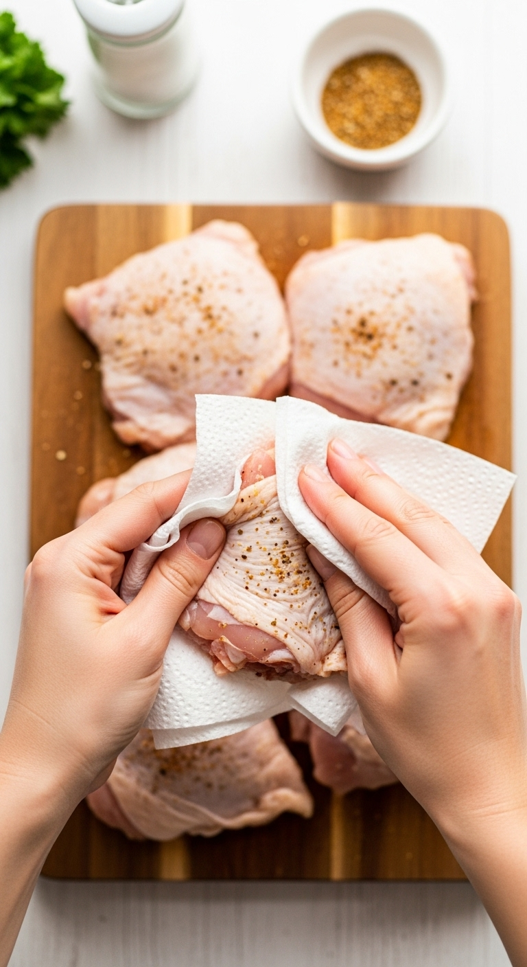 Patting-Boneless-Skinless-Chicken-Thighs-Dry-On-Wooden-Cutting-Board