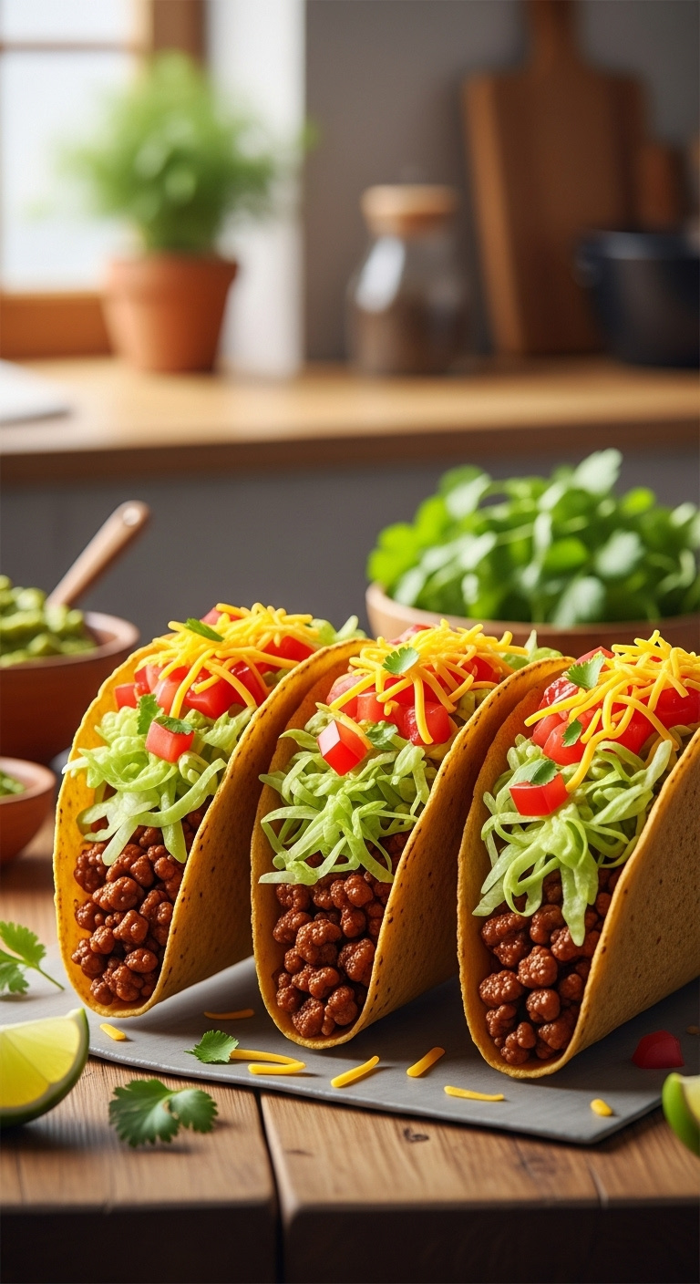 Perfectly-Assembled-Ground-Beef-Tacos-With-Lettuce-Tomatoes-Cheddar-Cilantro-And-Guacamole