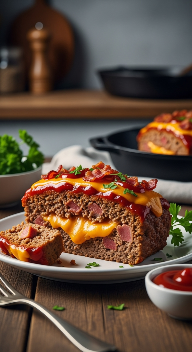 Perfectly-Cooked-Bacon-Cheeseburger-Meatloaf-Slice-Melted-Cheddar-Bacon-Glaze-Fork-Plate