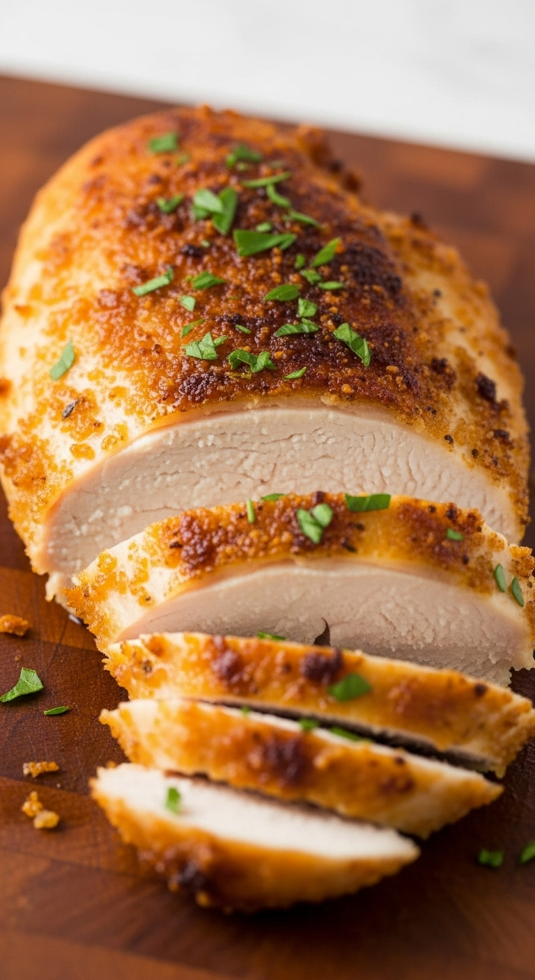 Perfectly-Cooked-Chicken-Breast-Sliced-Juicy-Interior-Parsley-Cutting-Board