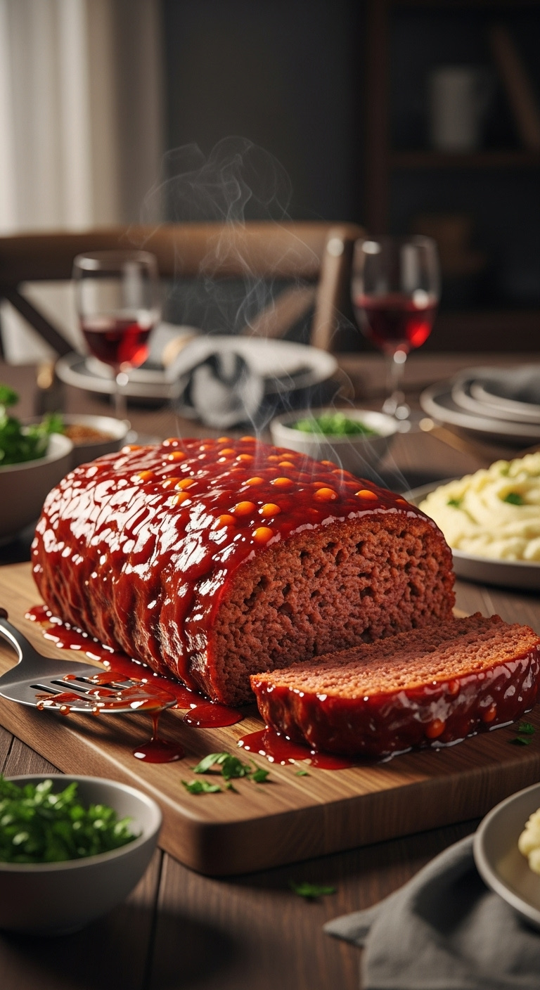Perfectly-Cooked-Meatloaf-Glaze-Bubbly-Slice-Juicy-Tender-Steam-Rustic-Cutting-Board-Mashed-Potatoes