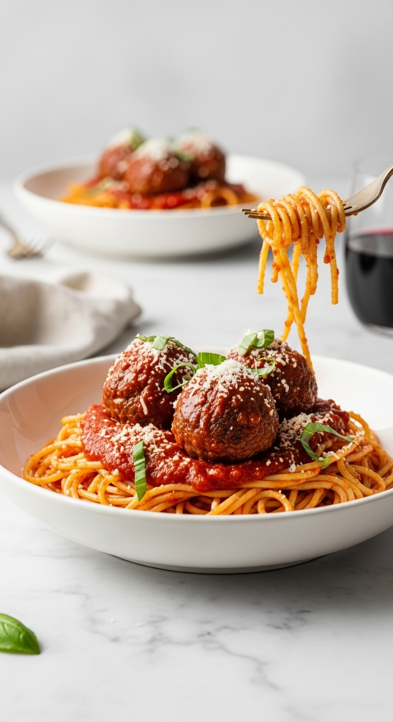 Perfectly-Plated-Spaghetti-And-Meatballs-With-Marinara-Parmesan-Basil-And-Wine