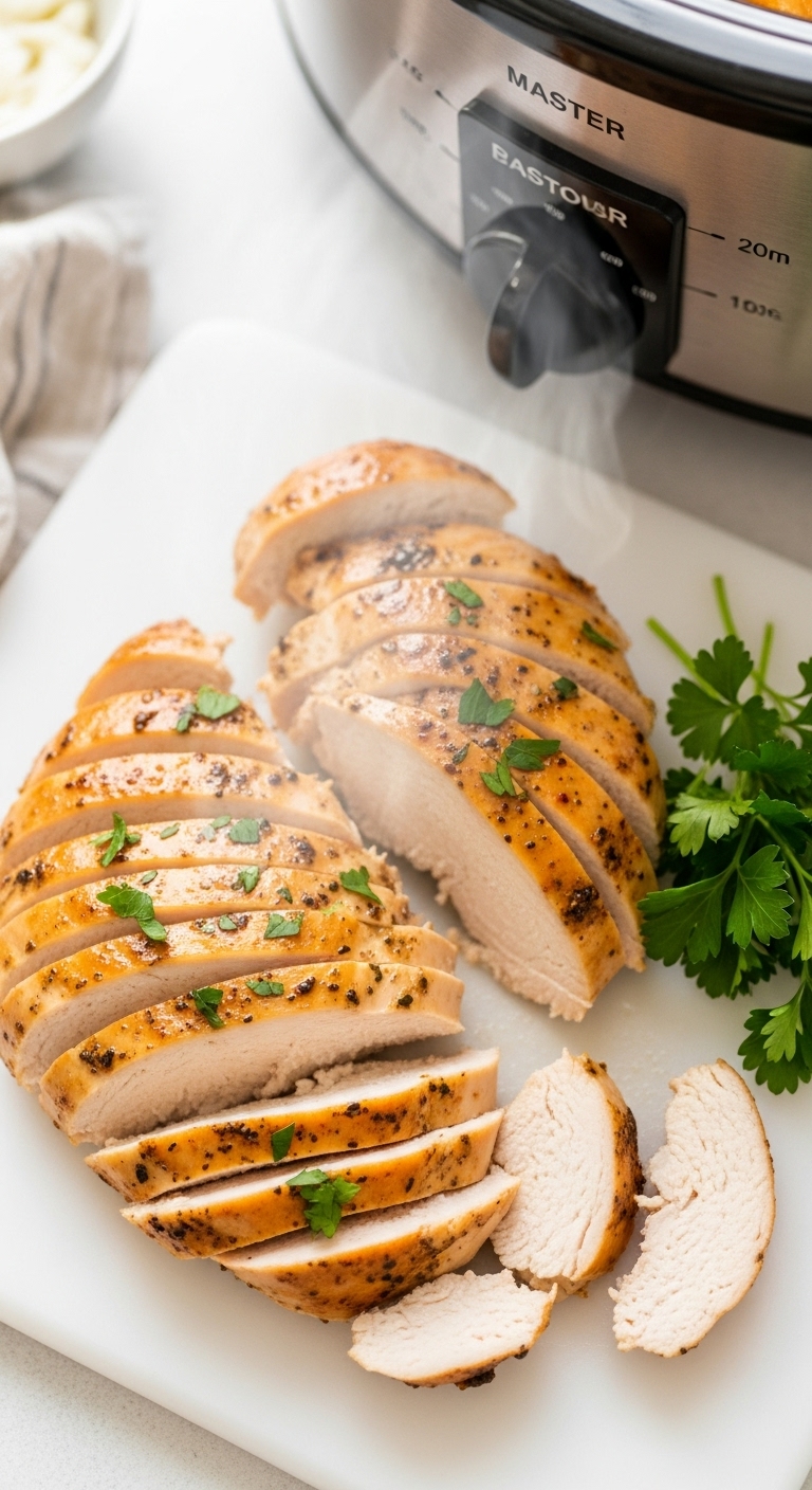 Perfectly Sliced Juicy Slow Cooker Chicken Breast Fanned Out On Cutting Board With Steam Parsley And Slow Cooker In Background