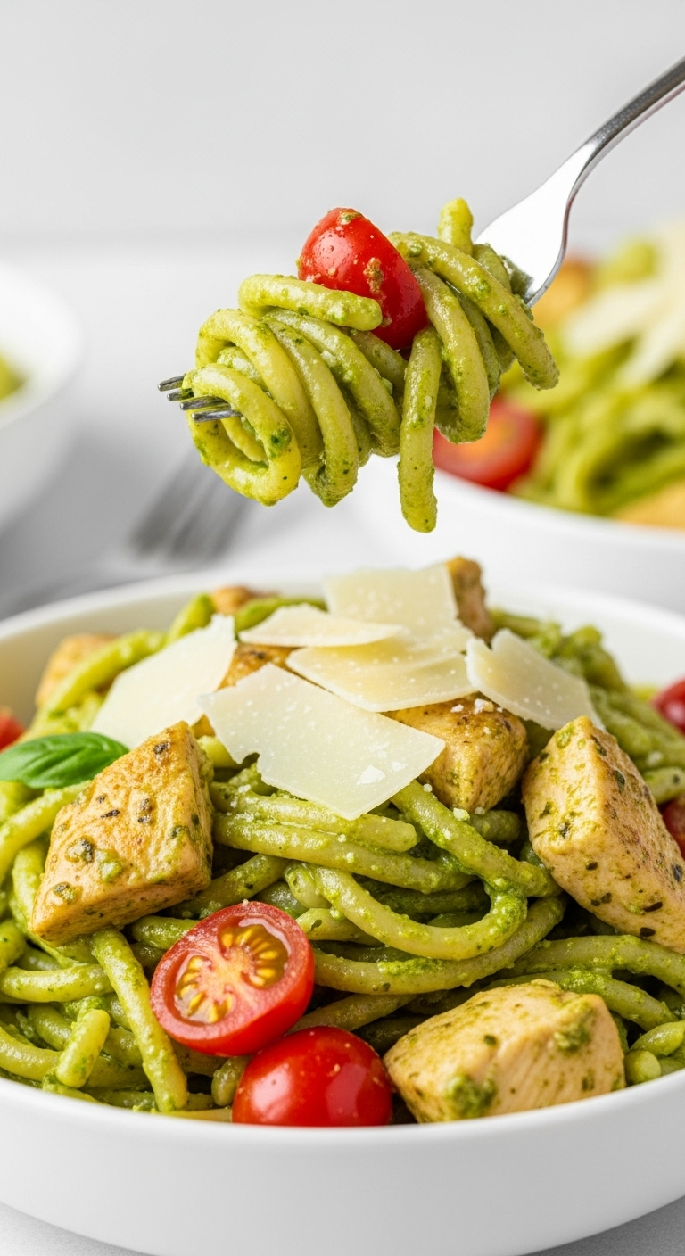 Pesto-Pasta-Chicken-Twirl-Fork-Cherry-Tomatoes-Parmesan-White-Bowl