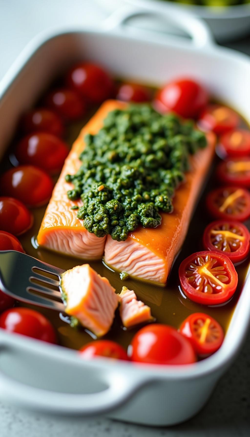 Pesto Salmon With Blistered Tomatoes In White Baking Dish Fork Flaking Salmon