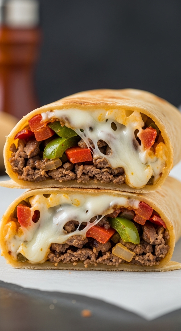 Philly-Cheesesteak-Wrap-Melted-Provolone-Steak-Peppers-Onions-Cut-In-Half