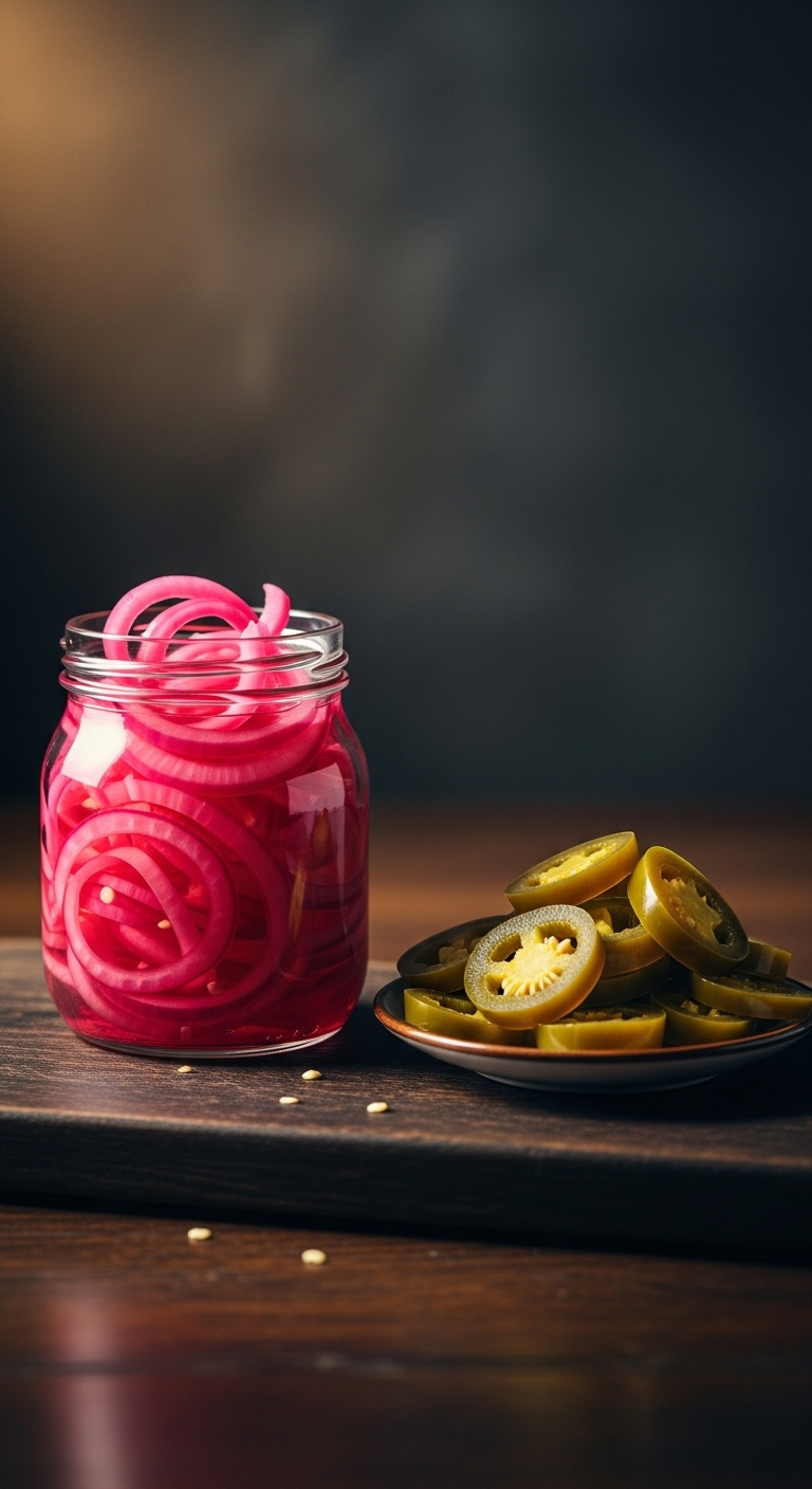 Pickled-Onions-Jalapenos-In-Glass-Jar-On-Rustic-Wooden-Board