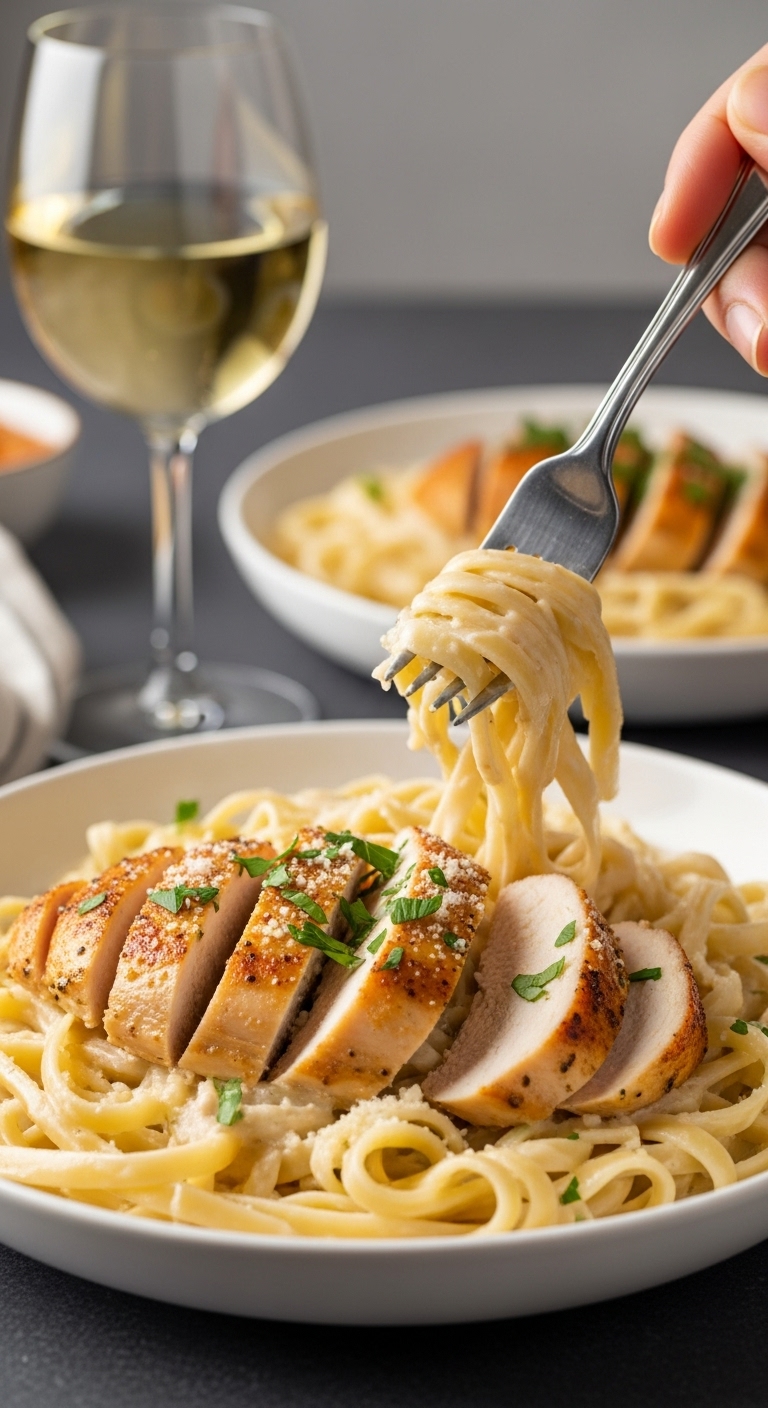 Plated Creamy Chicken Alfredo With Fettuccine Chicken Parsley Parmesan