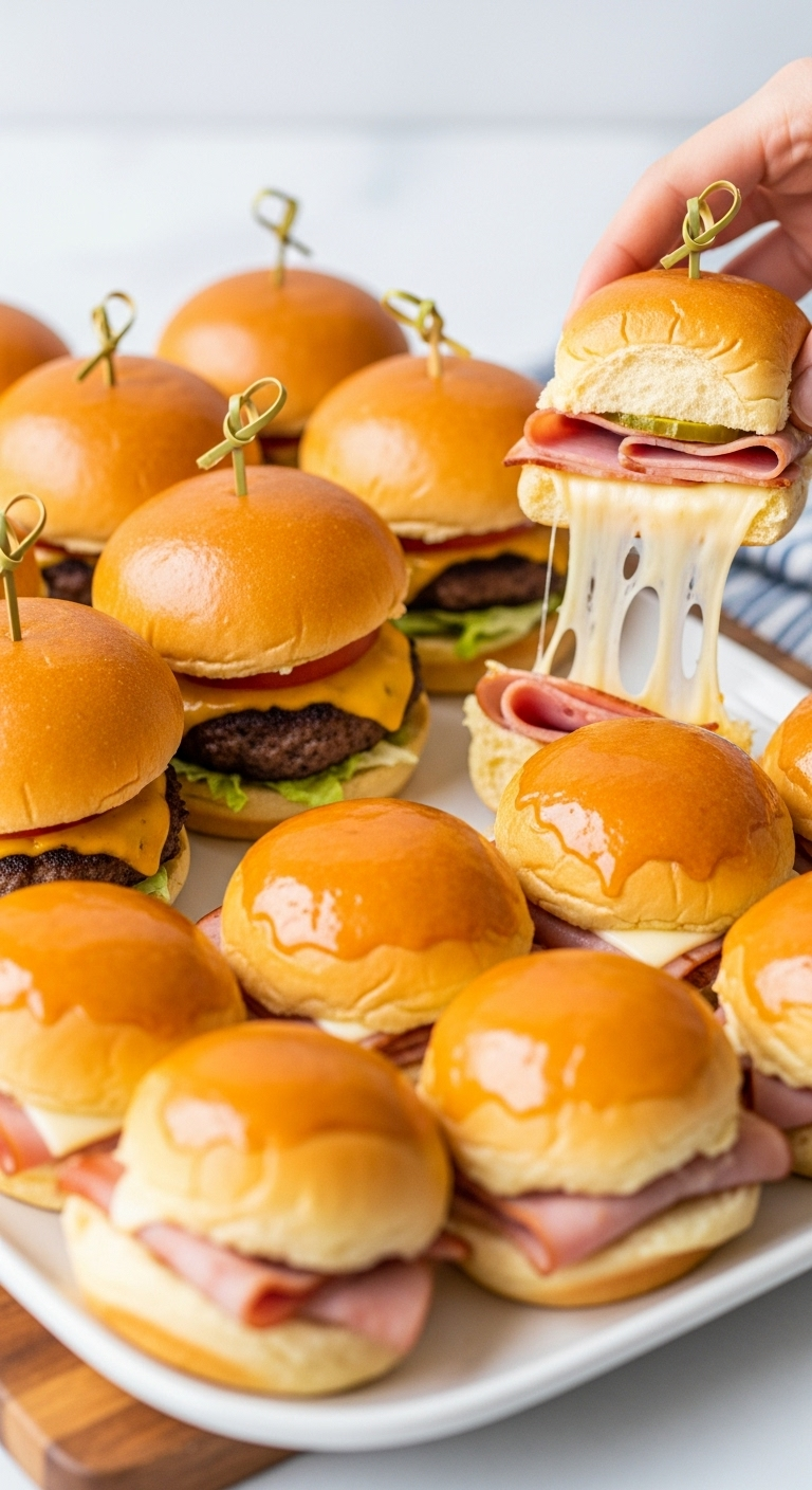 Platter-Variety-Sliders-Cheeseburgers-Ham-Cheese-Satisfying-Cheese-Pull