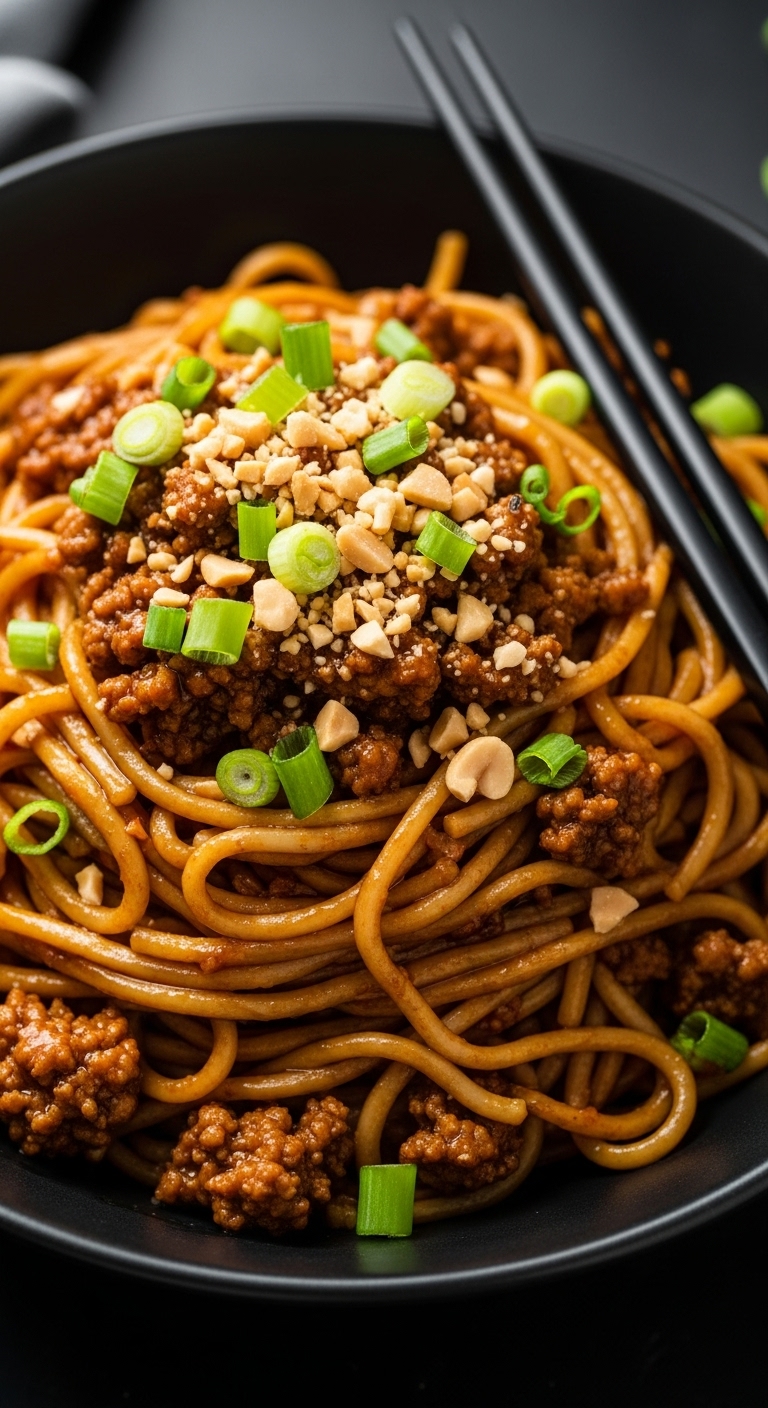 Pork-Peanut-Dragon-Noodles-Dark-Bowl-Chopped-Peanuts-Scallions-Chopsticks